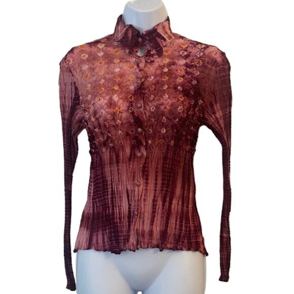 Fantazia Pink and Purple Tie-Dye Silk Blend Long Sleeve Lightweight Blouse, Med - Picture 1 of 5